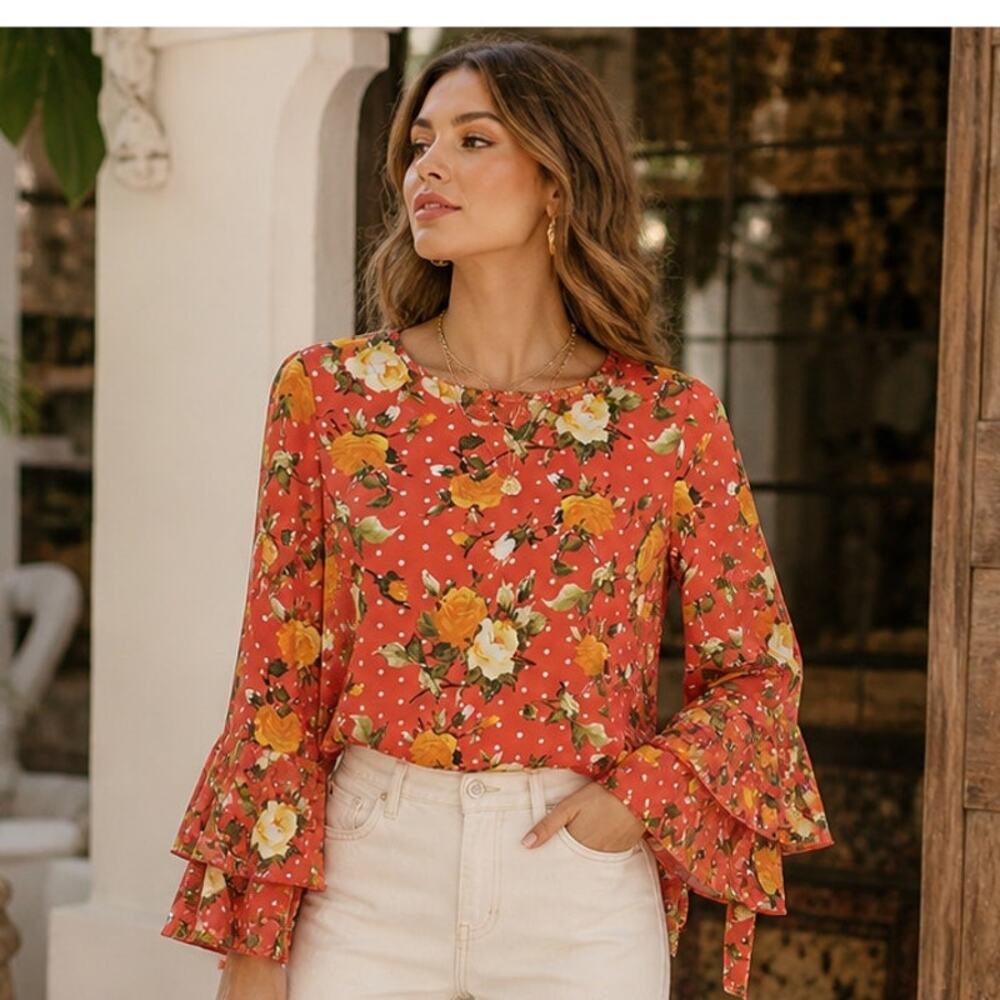 Penelope Red Floral Blouse with Ruffled Sleeves SZ S